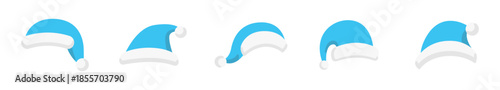 Santa Claus blue hat icons. Traditional Xmas hat icon set. Santa's cap sign, symbol. Vector illustration. Christmas holiday element for design, banner, business. Isolated on a white / PNG background.