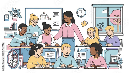 Education and Inclusion: Diverse students in classroom, teacher guiding them and focused on learning. Represents unity in study