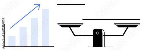 Business progress, financial stability, data analysis, economic balance, success tracking, comparison metrics. A bar graph increasing with an upward arrow and a balance scale. Business progress