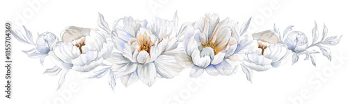 Horizontal composition of white and cream peonies with gray leaves. Hand drawn flowers, border for wedding decor, greeting cards and romantic designs.