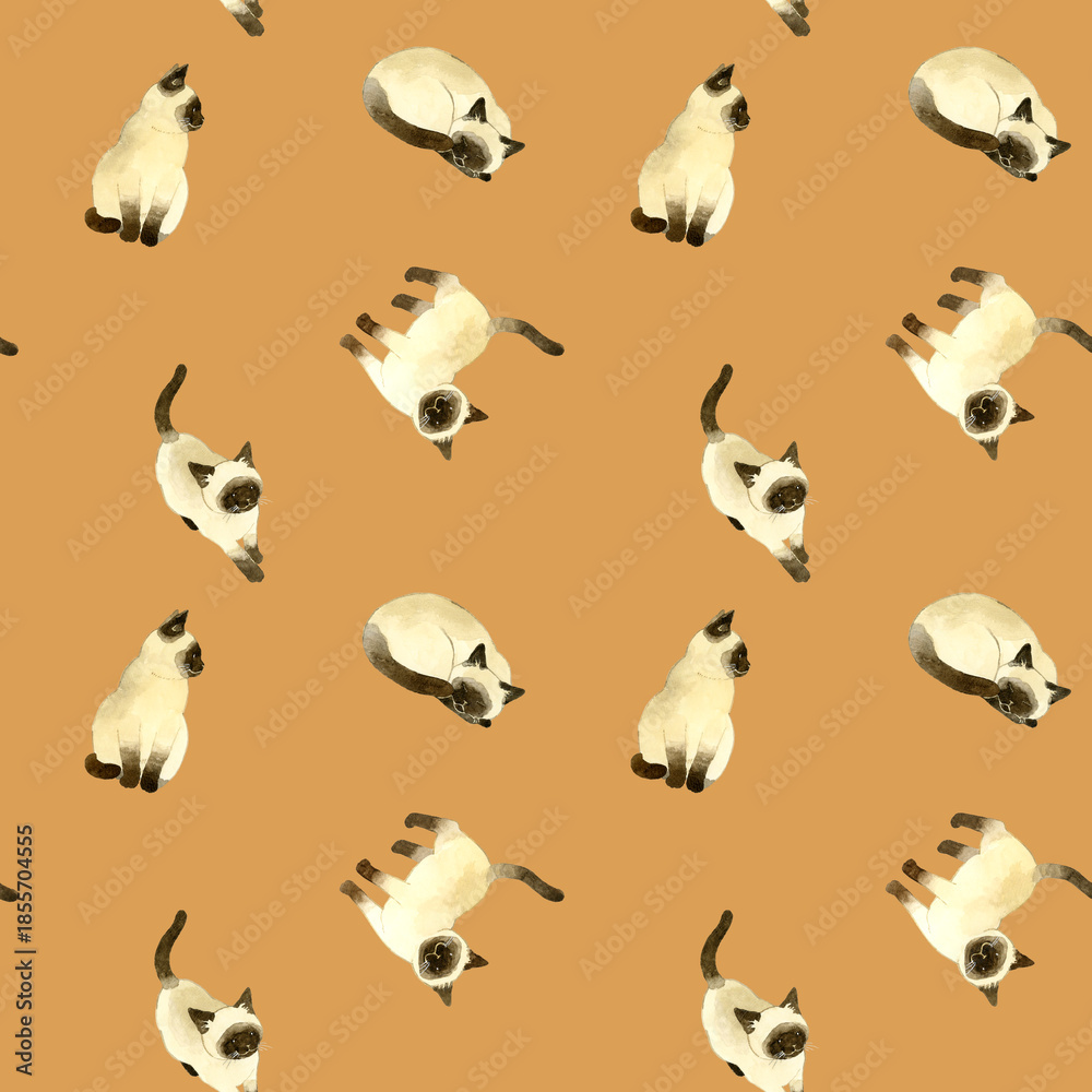 Fototapeta premium かわいいシャム猫のシームレスパターン 動物・ペットの手描き水彩イラスト背景素材