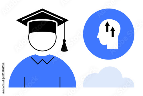 Education concept. a graduate cap academic achievements and a head with arrows personal growth and knowledge. Education for success and learning journey. academic success, self-improvement, career