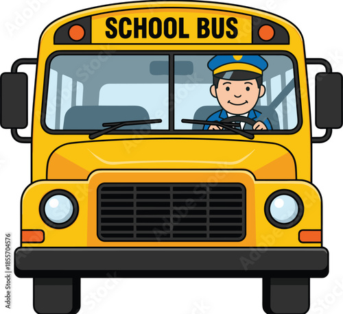 Yellow school bus vector illustration, front view of traditional student transport with friendly driver, educational vehicle for kids commute, isolated on white.