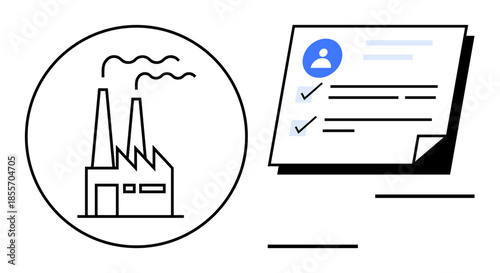 Factory emitting smoke alongside worker profile checklist with marked tasks. Ideal for industry, compliance, management, safety regulations, planning, workflow, evaluation. Simple flat metaphor