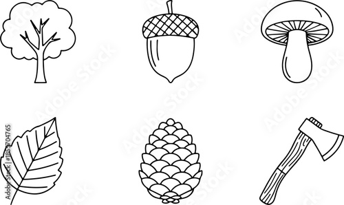 Set of minimalist forestry and nature line icons featuring a deciduous tree, oak acorn, wild mushroom, forest leaf, pine cone, and woodworker's axe.