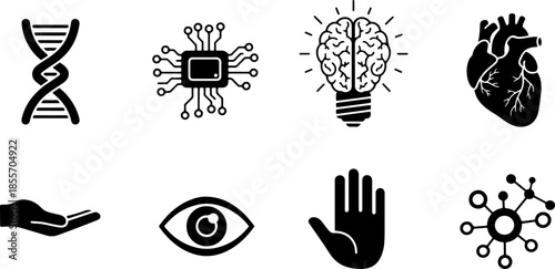 Set of professional science and innovation icons featuring DNA helix, microchip processor, brain lightbulb idea, human heart anatomy, and biotechnology symbols.