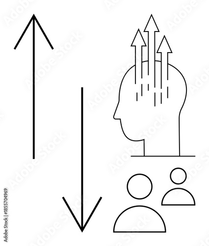 Growth with upward arrows and human mind, paired with decline and community symbols. Growth signifies teamwork, mental progress, or career advancement. Ideal for education, leadership, motivation