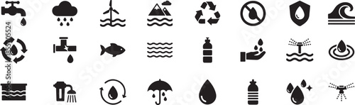Eco friendly water management icons with recycle signs mountains irrigation systems drops and plumbing equipment for environmental conservation and sustainable resource usage graphics