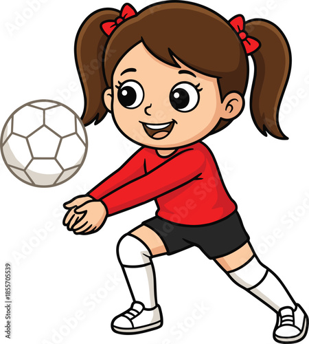 Young cartoon girl playing volleyball vector illustration, happy kid athlete in red shirt bumping a ball, active childhood sports character design, isolated.