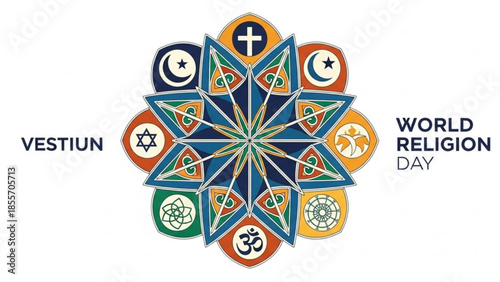 Global Harmony: A symbolic representation of World Religion Day, showcasing a vibrant mandala of diverse religious symbols, promoting unity and understanding among faiths.