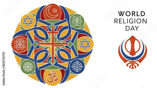 World Religion Day: A vibrant illustration promoting the significance of global faith and unity, featuring iconic symbols of various religions.