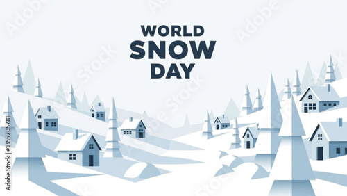 Winter wonderland: A serene winter scene captures the essence of World Snow Day with charming snowy houses nestled amidst snowy landscape.