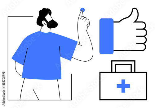Healthcare concept. Healthcare symbols including a thumbs up, medical bag, and individual engaging with healthcare services. Healthcare for wellness, technology, positivity, and support
