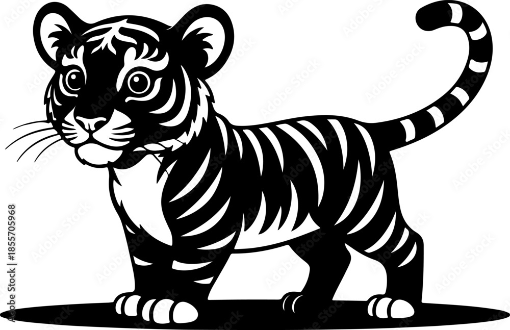 Obraz premium Cute tiger cub illustration in black and white silhouette style isolated on white for nursery decor, children's animal books, and wildlife conservation branding.