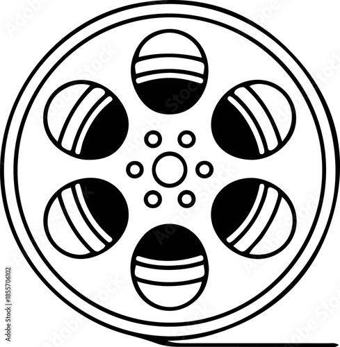 Professional movie film reel icon silhouette isolated on white background for cinema industry, motion picture production, film festival branding, and entertainment graphic design projects.