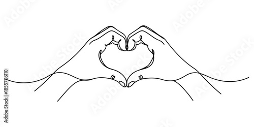 Continuous one line of a two hands gently forming a heart shape, symbolizing affection and human connection, hand drawn vector illustration.