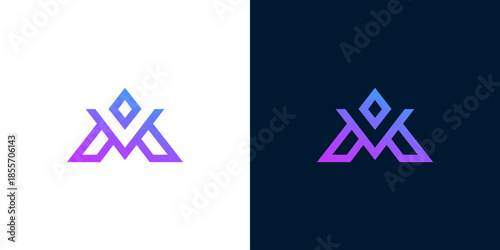Modern abstract letter logo design with a sleek purple and blue gradient. It incorporates a subtle crown or diamond element, creating a sophisticated visual identity perfect for premium branding
