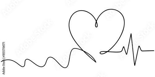 Continuous one line of a heart with subtle heartbeat pulse line, symbolizing living love and emotion, hand drawn vector illustration.