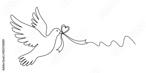 Continuous one line of a dove carrying a heart-shaped ribbon, representing peace and love, hand drawn vector illustration.