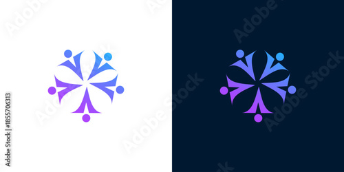 Vibrant abstract circular logo design symbolizing a united community, effective teamwork, and strong social connections, featuring stylized human figures in a dynamic purple and blue gradient