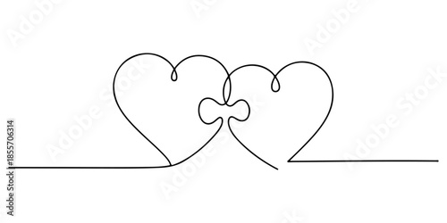 Continuous one line of a heart shaped puzzle piece connection, representing compatibility and love, hand drawn vector illustration.
