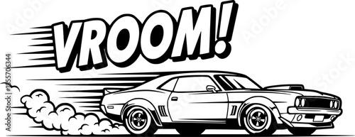 Stylized muscle car speeding with vroom sound effect and tire smoke in black and white illustration editable vector
