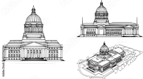 set of Washington capitol building line art, black outline, vector and illustration, coloring book page line art drawing

