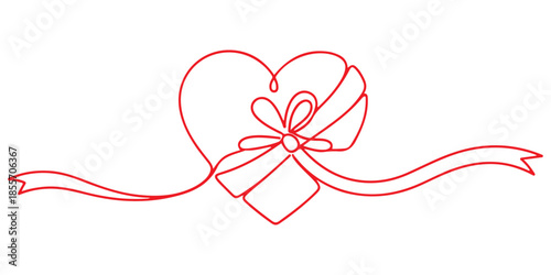 Continuous one line of a heart wrapped with a gentle ribbon, symbolizing gift of love, hand drawn vector illustration.