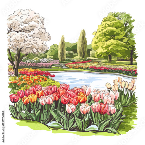keukenhof gardens, dutch tulip season, festival, vector, transparent background, garden, tulip, flowers, tulips, keukenhof, outdoor, beauty, flora, floral, landscape, field, gardening, bloom, blossom