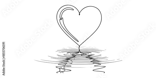 Continuous one line of a heart reflected in calm water ripples, symbolizing deep emotional love, hand drawn vector illustration.