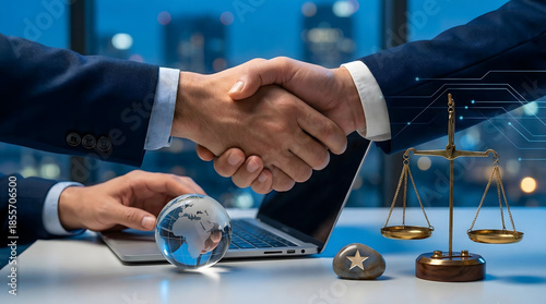 Business executives shaking hands with a balance scale and globe,symbolizing international trade agreements,global partnerships,diplomatic justice and corporate cooperation concepts.