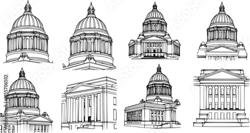 set of Washington capitol building line art, black outline, vector and illustration, coloring book page line art drawing
