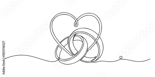 Continuous one line of a intertwined rings forming a heart outline, symbolizing commitment, love, and marriage, hand drawn vector illustration.