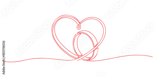Continuous one line of a intertwined rings forming a heart outline, symbolizing commitment, love, and marriage, hand drawn vector illustration.