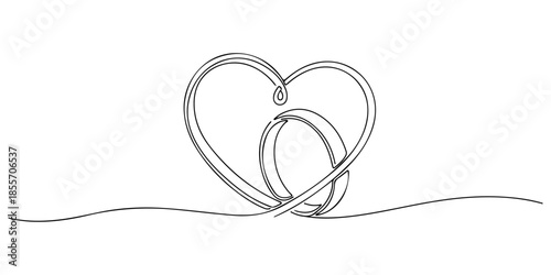 Continuous one line of a intertwined rings forming a heart outline, symbolizing commitment, love, and marriage, hand drawn vector illustration.