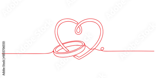 Continuous one line of a intertwined rings forming a heart outline, symbolizing commitment, love, and marriage, hand drawn vector illustration.