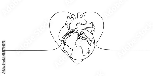 Continuous one line of a heart combined with a subtle globe outline, symbolizing universal love, hand drawn vector illustration.