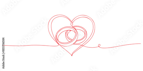 Continuous one line of a intertwined rings forming a heart outline, symbolizing commitment, love, and marriage, hand drawn vector illustration.