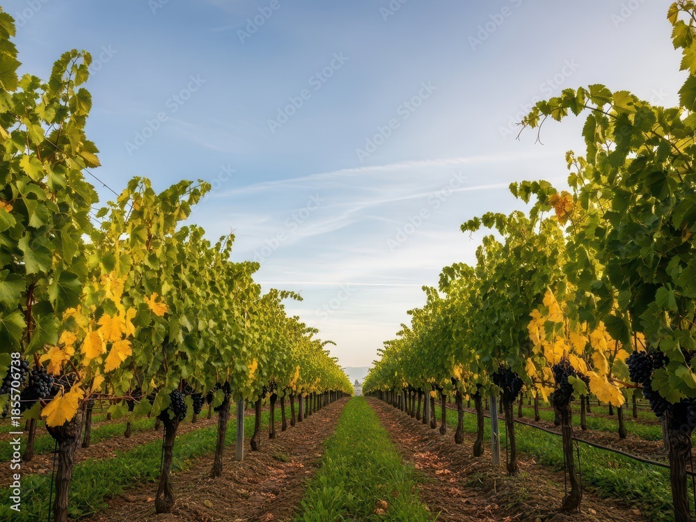 Naklejka premium Rows of grapevines in vineyard with blue sky and white clouds