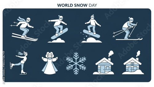 World Snow Day Illustration: a vibrant illustration showcasing the joyful spirit of World Snow Day. Featuring individuals engaged in winter sports and activities