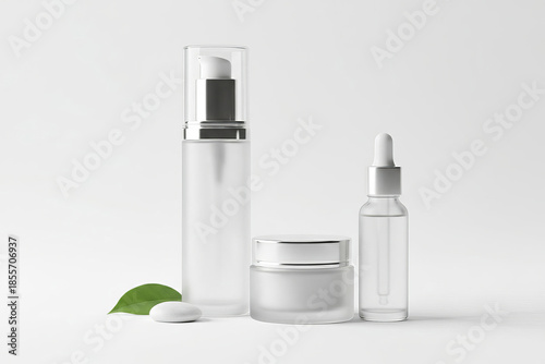 cosmetic skincare bottles standing on white surface minimal studio composition with glass serum dropper pump and cream jar clean beauty still life scene concept of cosmetics beauty industry spa 