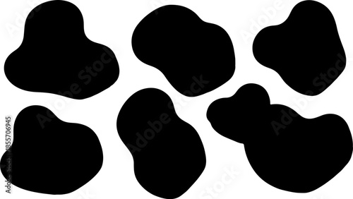 Set of black abstract organic blob silhouettes and fluid liquid shapes isolated on white for modern minimalist graphic design, logos, and creative branding elements.