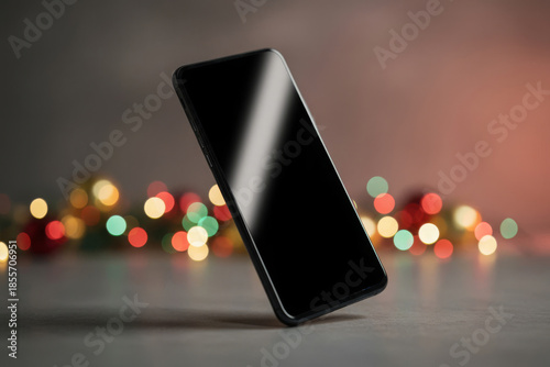 smartphone standing upright on grey table with blurred colorful lights in background modern mobile technology scene with large empty space for text banner composition