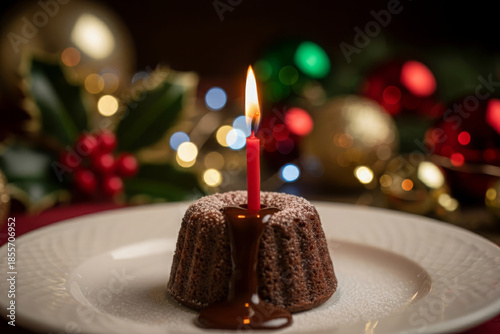 chocolate lava cake with burning red candle on white plate festive dessert on christmas table with warm bokeh lights holiday celebration atmosphere concept of restaurant, bakery, food marketing