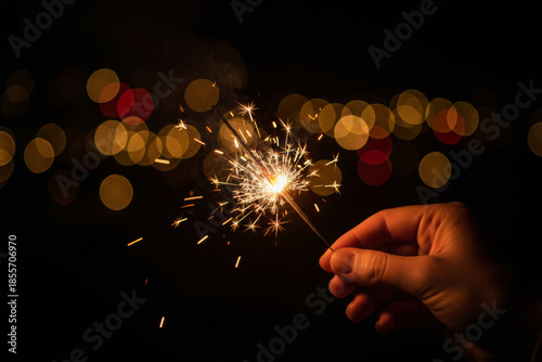 Hand holding a glowing sparkler at night with warm golden bokeh lights, festive celebration mood for holidays, New Year, party moments, joy, sparkle, magic, and cozy evening atmosphere