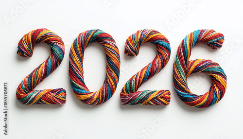 2026 new year made of multicolor yarn on white background 
