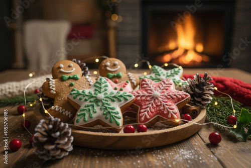 christmas gingerbread cookies decorated with icing on wooden plate near fireplace with pinecones and lights cozy winter holiday home scene concept of bakery food retail advertising