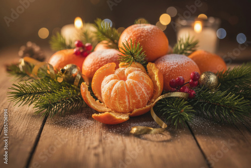 christmas festive still life with peeled tangerines and fresh citrus fruits on wooden table with evergreen branches candles and warm bokeh lights concept of food retail marketing advertising