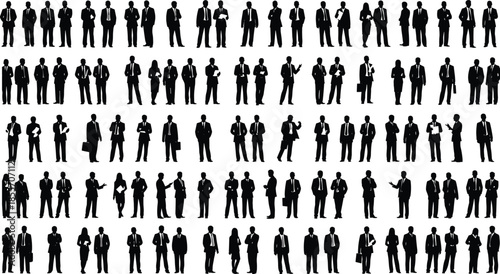 Business silhouettes collection of professional people standing in various poses, corporate teamwork leadership diversity isolated black figures on white background office staff managers employees