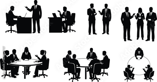 Business meeting silhouette collection, office teamwork vector, corporate collaboration illustration, professional workplace design art, group discussion decor graphic